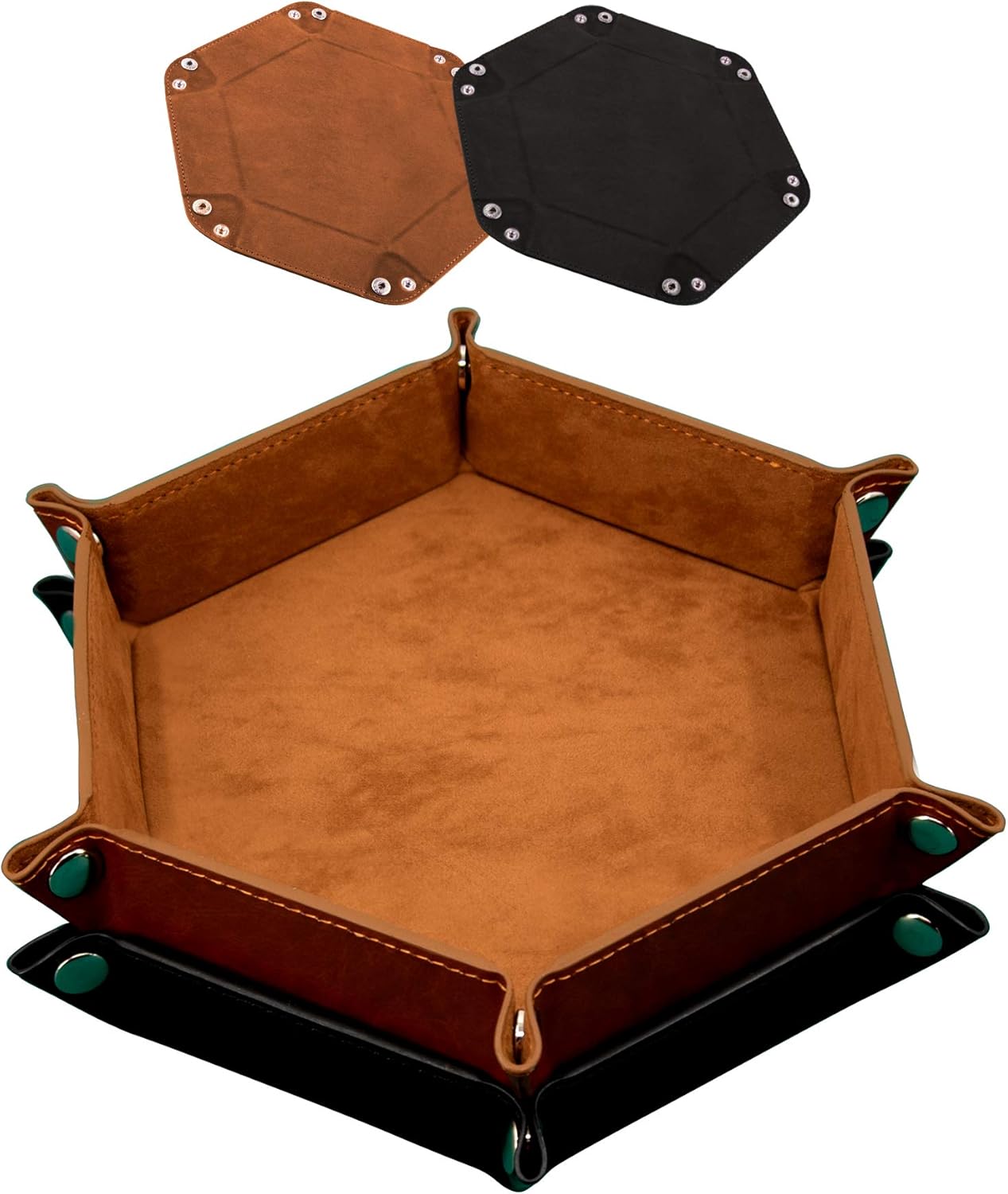 2-Piece PU Leather Hexagon Dice Tray Set (Camel & Black)
