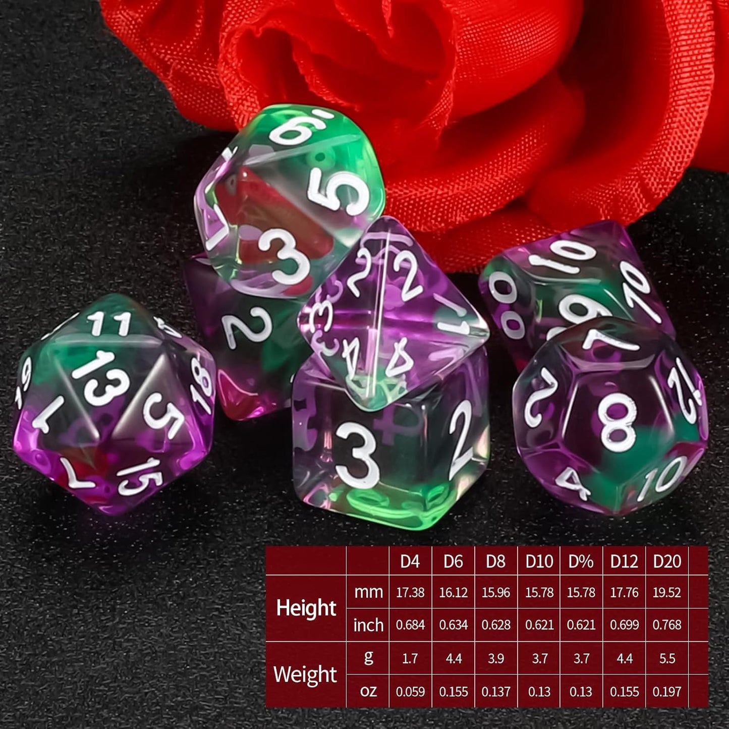 Purple & Green Dice Set 7pcs