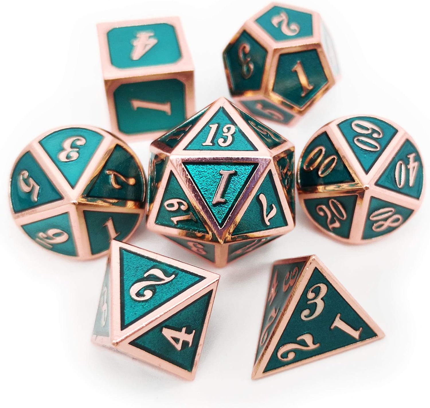 Copper & Teal Metal Dice Set – Polyhedral RPG Dice with PU Leather Bag