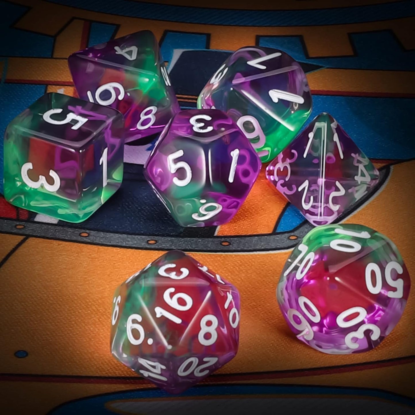 Purple & Green Dice Set 7pcs