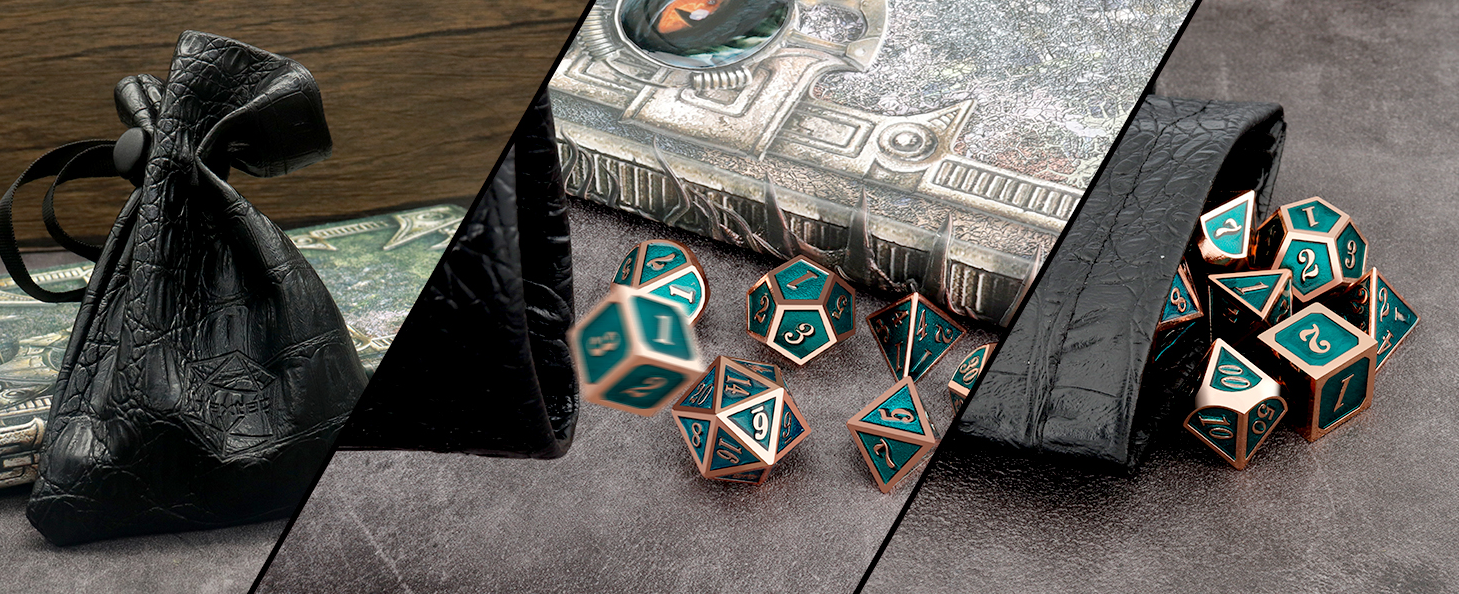 Copper & Teal Metal Dice Set – Polyhedral RPG Dice with PU Leather Bag