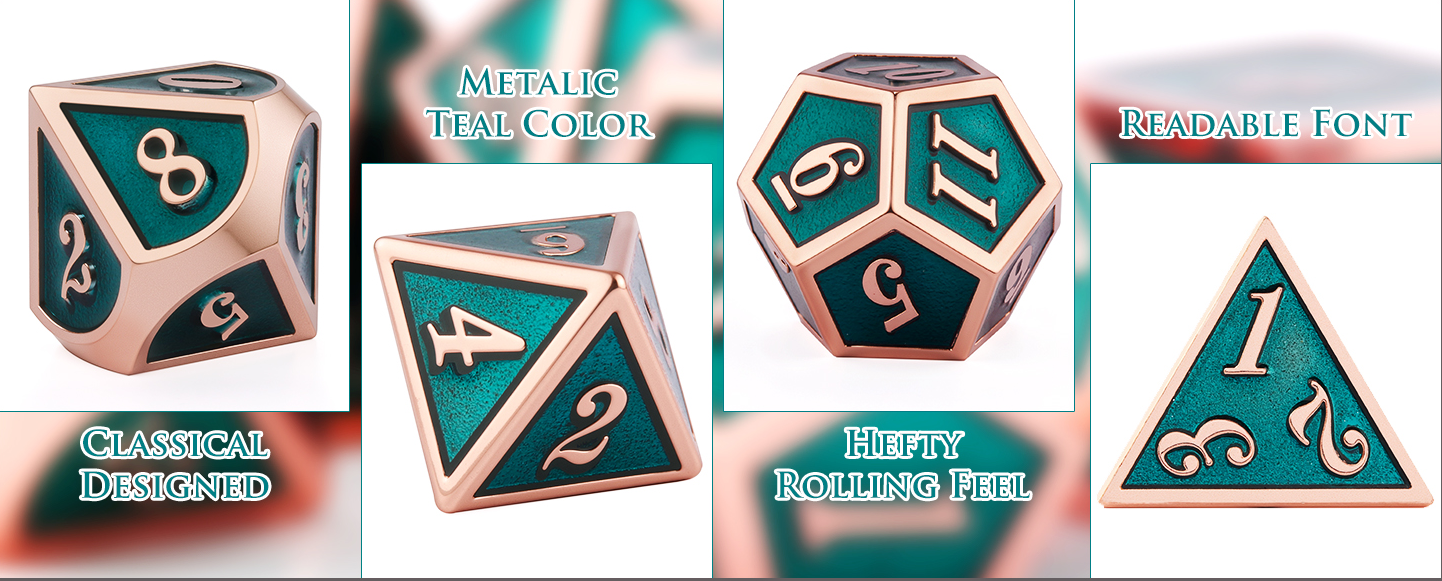 Copper & Teal Metal Dice Set – Polyhedral RPG Dice with PU Leather Bag