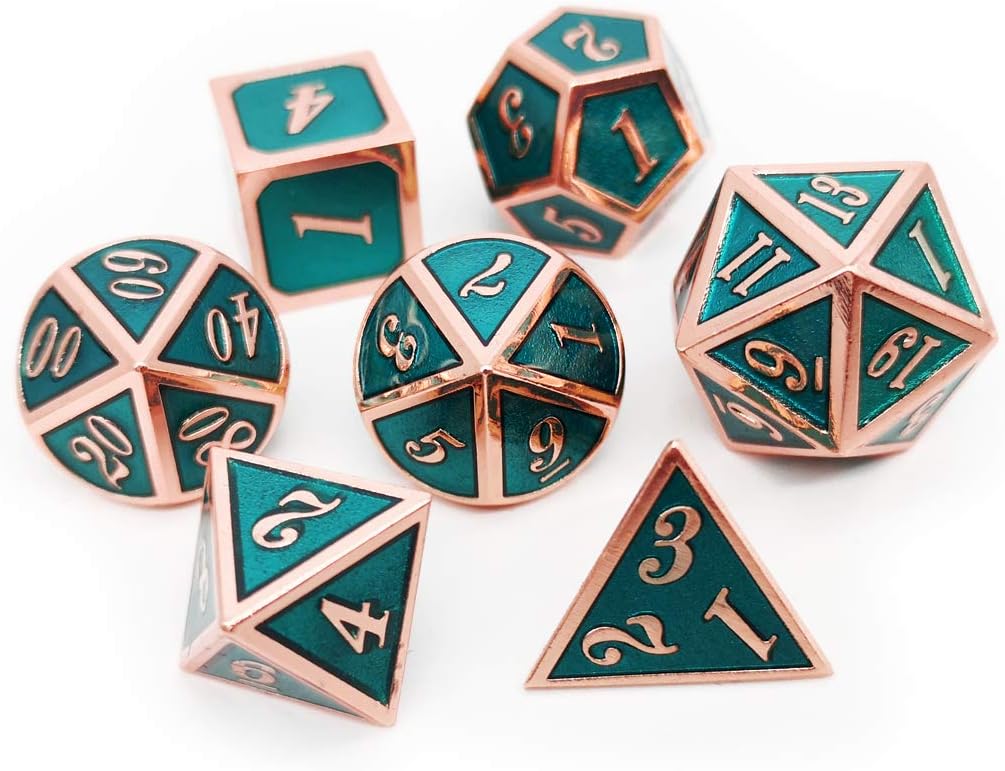 Copper & Teal Metal Dice Set – Polyhedral RPG Dice with PU Leather Bag