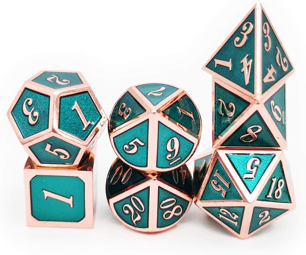 Copper & Teal Metal Dice Set – Polyhedral RPG Dice with PU Leather Bag