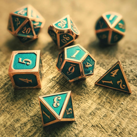 Copper & Teal Metal Dice Set – Polyhedral RPG Dice with PU Leather Bag
