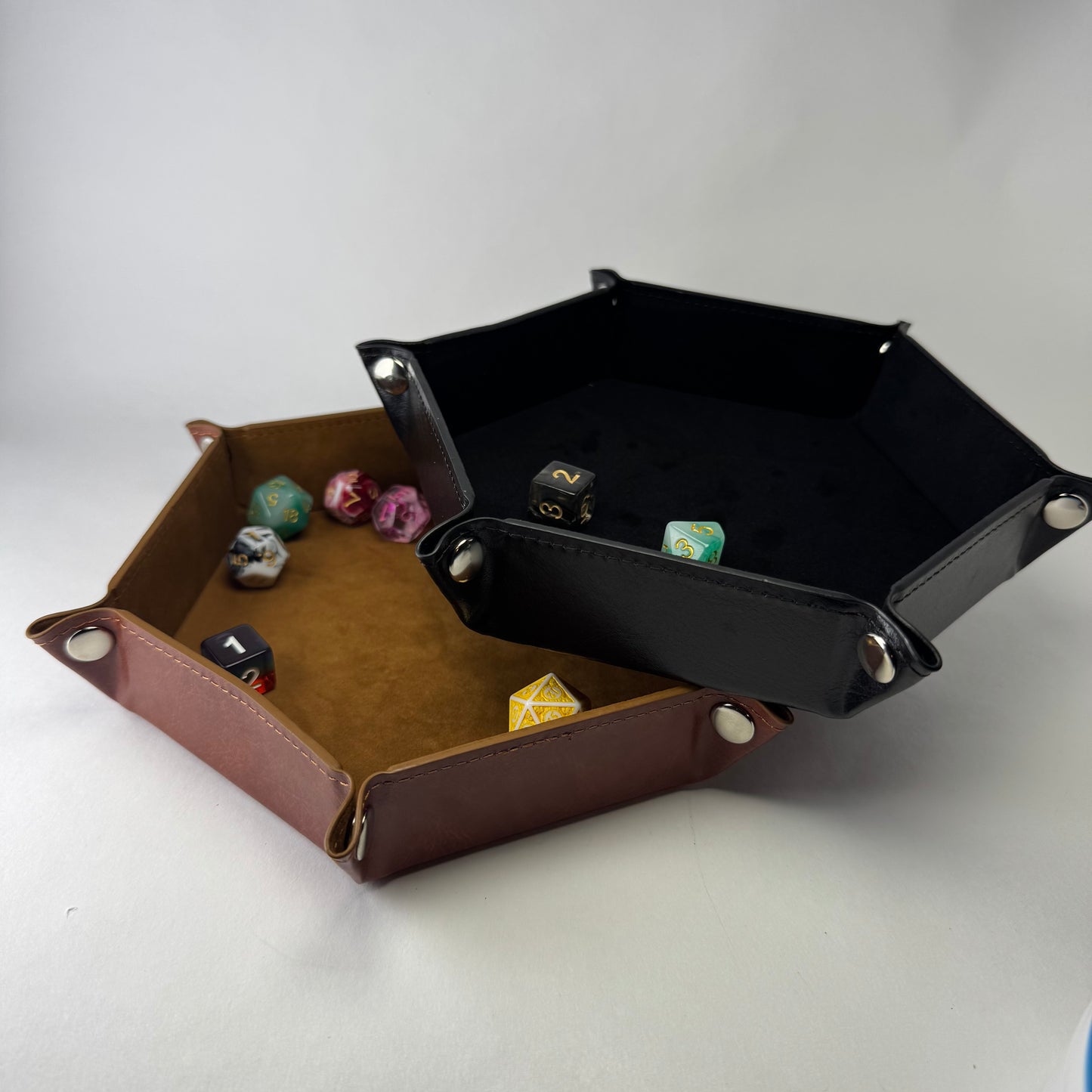 2-Piece PU Leather Hexagon Dice Tray Set (Camel & Black)
